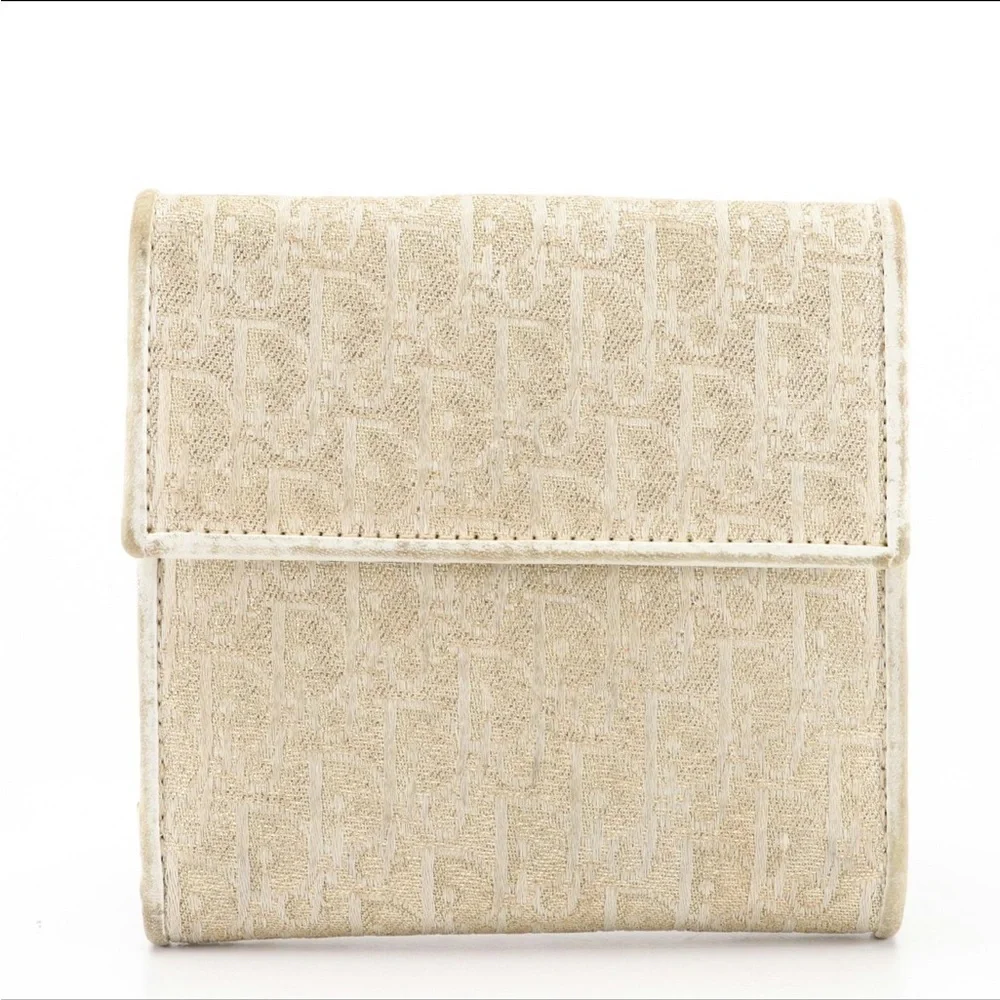 Christian Dior Metallic Gold Monogram Canvas White Leather Wallet Authentic